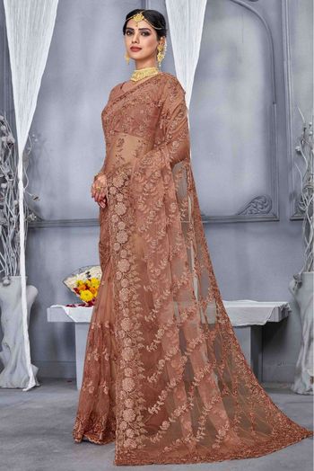Net Embroidery Saree In Dusty Peach Colour - SR4690803