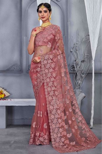 Net Embroidery Saree In Dusty Pink Colour - SR4690806