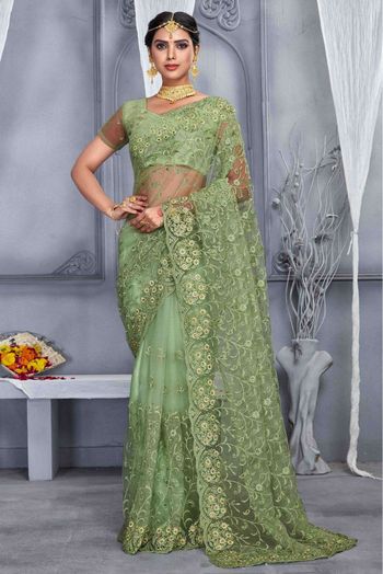 Net Embroidery Saree In Dusty Pista Green Colour - SR4690805