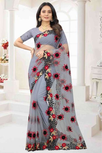 Net Embroidery Saree In Grey Colour - SR1543794