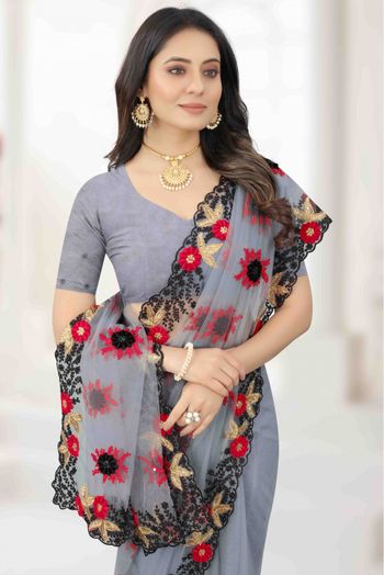 Net Embroidery Saree In Grey Colour - SR1543794