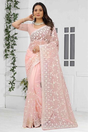 Net Embroidery Saree In Light Peach Colour - SR4690785