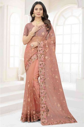 Net Embroidery Saree In Peach Colour - SR1543796