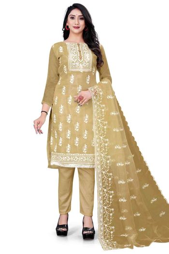 Organza Embroidery Pant Style Suit In Beige Colour - US3234329