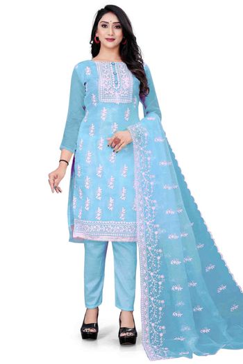 Organza Embroidery Pant Style Suit In Sky Blue Colour - US3234332