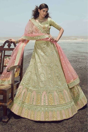 Organza Thread Work Lehenga Choli In Pista Green Colour - LD4901049