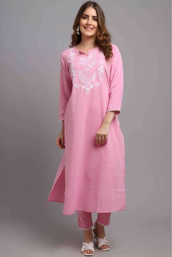 Pure Cotton Embroidery Kurta Set In Pink Colour - KR4781965