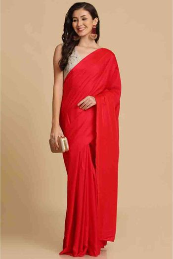 Satin Plain Saree In Red Colour - SR4840389