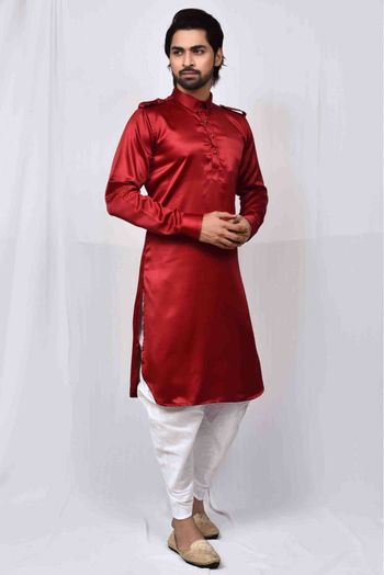 Satin Silk Pathani Suit In Red Colour - KP5750072