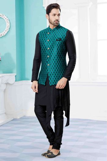 Silk Dupion Indo Western In Black And Green Colour - SH4120680