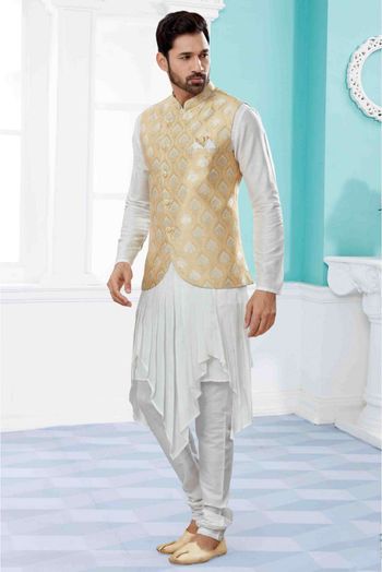 Silk Dupion Indo Western In Off White And Gold Colour - SH4120679