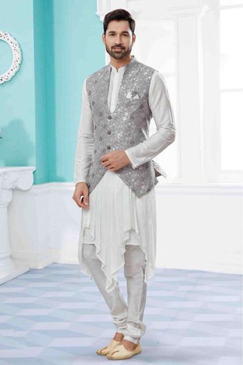 Silk Dupion Indo Western In Off White And Grey Colour - SH4120689