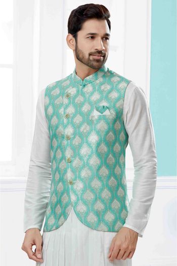 Silk Dupion Indo Western In Off White And Sea Green Colour - SH4120686