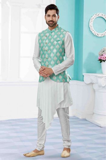 Silk Dupion Indo Western In Off White And Sea Green Colour - SH4120688