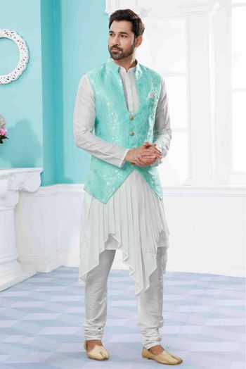 Silk Dupion Indo Western In Off White And Sea Green Colour - SH4120691