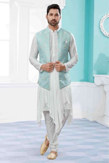 Silk Dupion Indo Western In Off White Sky Blue Colour - SH4120690