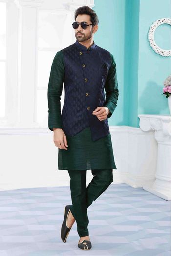 Silk Dupion Kurta Pajama With Jacket In Bottle Green And Blue Colour - KP4120664