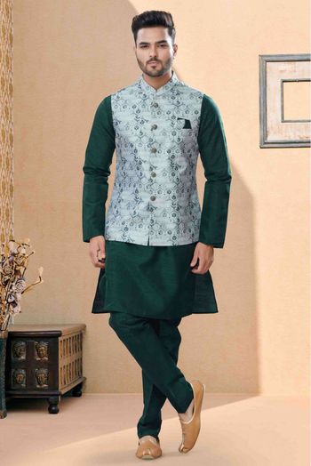 Silk Dupion Kurta Pajama With Jacket In Bottle Green And Grey Colour - KP4120676