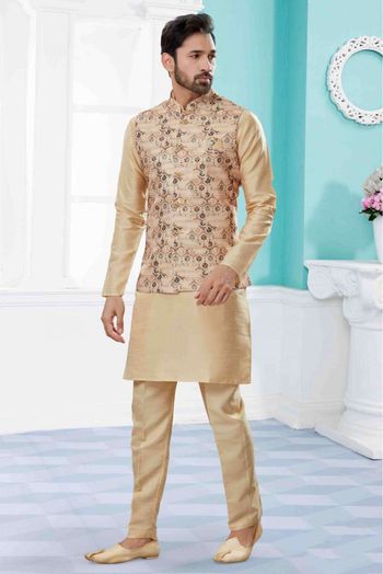 Silk Dupion Kurta Pajama With Jacket In Gold And Cream Colour - KP4120668