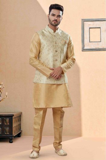 Silk Dupion Kurta Pajama With Jacket In Gold Colour - KP4120672