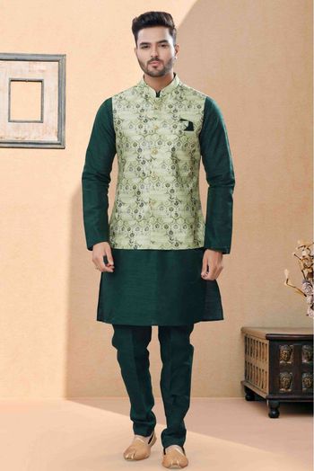 Silk Dupion Kurta Pajama With Jacket In Green Colour - KP4120675