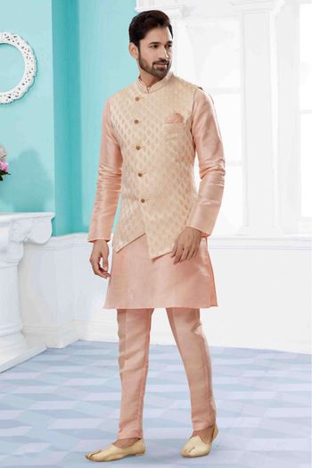 Silk Dupion Kurta Pajama With Jacket In Light Pink And Cream Colour - KP4120666