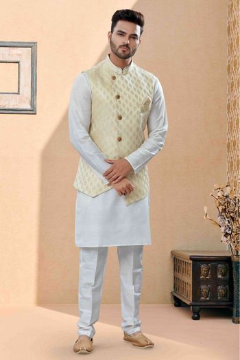 Silk Dupion Kurta Pajama With Jacket In Off White And Cream Colour - KP4120667