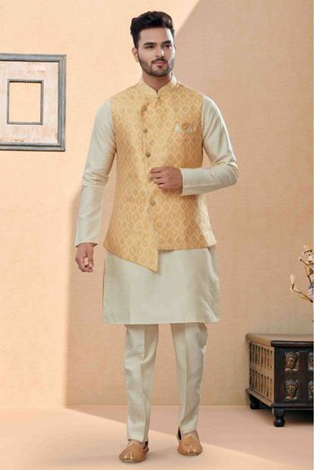 Silk Dupion Kurta Pajama With Jacket In Off White And Cream Colour - KP4120677