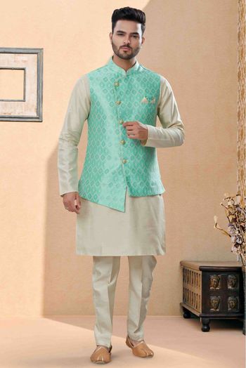 Silk Dupion Kurta Pajama With Jacket In Off White And Green Colour - KP4120673