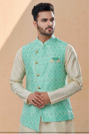 Silk Dupion Kurta Pajama With Jacket In Off White And Green Colour - KP4120673