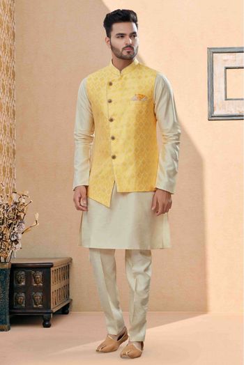 Silk Dupion Kurta Pajama With Jacket In Off White And Yellow Colour - KP4120674