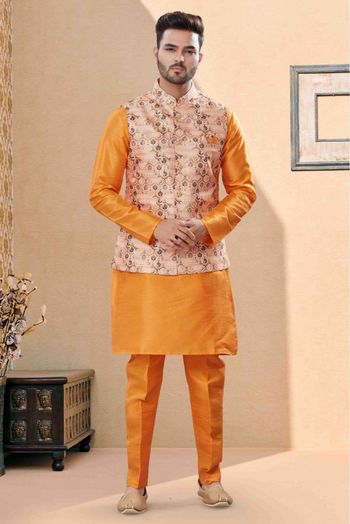 Silk Dupion Kurta Pajama With Jacket In Orange And Multicolour - KP4120661