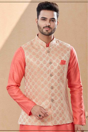 Silk Dupion Kurta Pajama With Jacket In Peach And Cream Colour - KP4120663