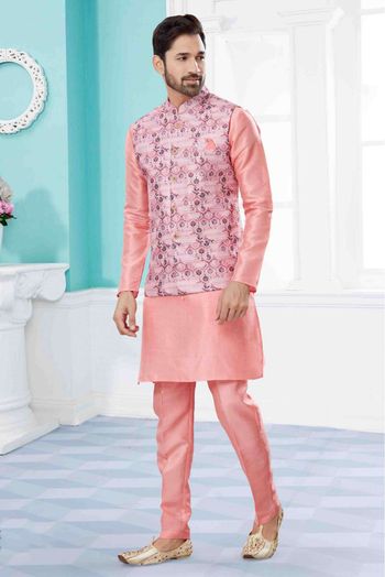 Silk Dupion Kurta Pajama With Jacket In Pink Colour - KP4120662