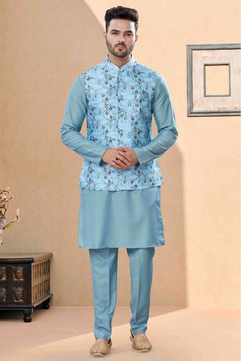 Silk Dupion Kurta Pajama With Jacket In Sky Blue Colour - KP4120669