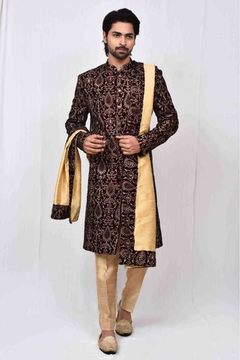 Silk Sherwani In Dark Wine Colour - SH5750080