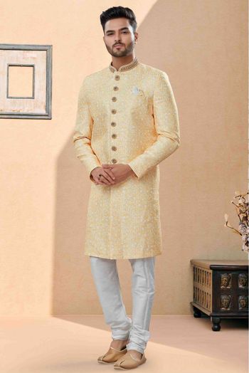 Silk Sherwani In Lemon Yellow Colour - SH4120618