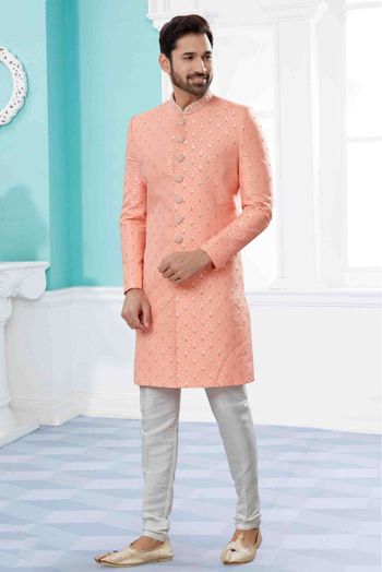 Silk Sherwani In Peach Colour - SH4120634