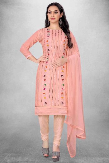 Unstitched Chanderi Cotton Embroidery Pant Style Suit In Pink Colour - US3234429