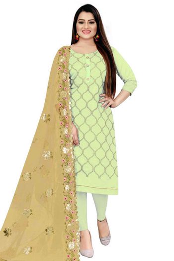 Unstitched Chanderi Embroidery Churidar Suit In Green Colour - US3234362