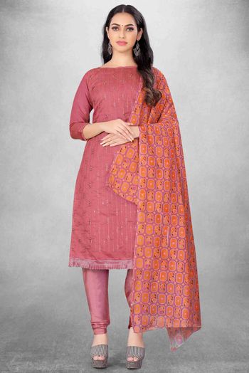 Unstitched Chanderi Embroidery Churidar Suit In Pink Colour - US3234511