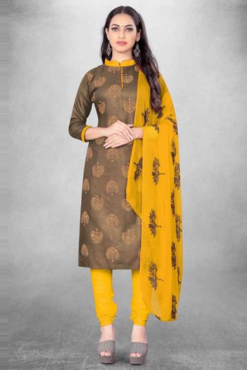 Unstitched Cotton Slub Printed Churidar Suit In Beige Colour - US3234382