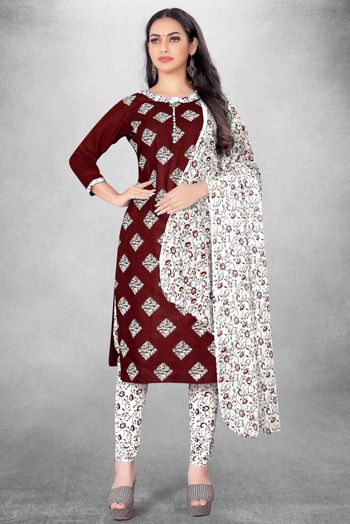 Unstitched Cotton Slub Printed Churidar Suit In Maroon Colour - US3234402