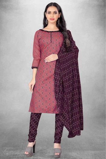 Unstitched Cotton Slub Printed Churidar Suit In Purple Colour - US3234494