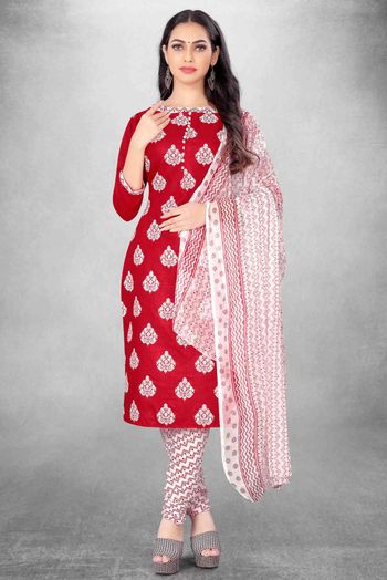 Unstitched Cotton Slub Printed Churidar Suit In Red Colour - US3234413