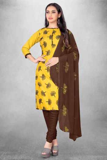 Unstitched Cotton Slub Printed Churidar Suit In yellow Colour - US3234389