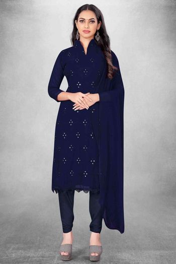 Unstitched Georgette Embroidery Churidar Suit In Navy Blue Colour - US3234472