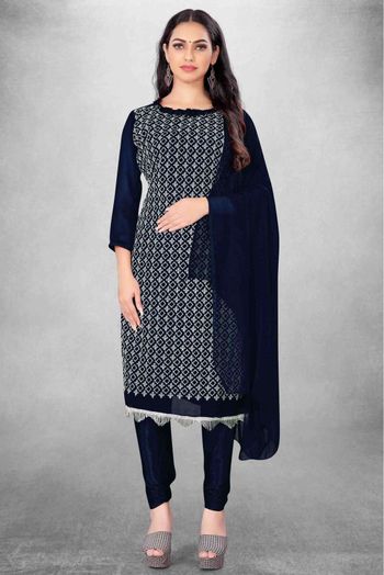 Unstitched Georgette Embroidery Churidar Suit In Navy Blue Colour - US3234483