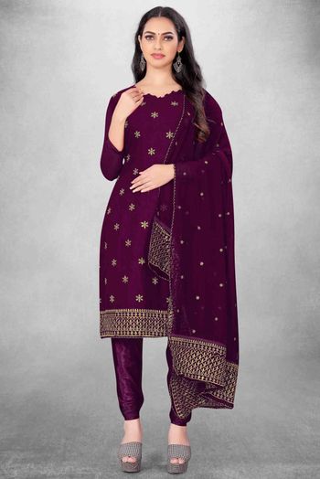 Unstitched Georgette Embroidery Churidar Suit In Purple Colour - US3234501
