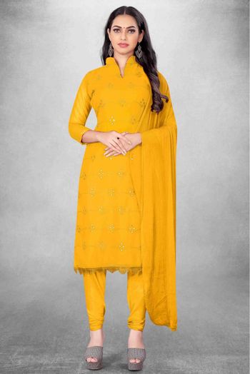 Unstitched Georgette Embroidery Churidar Suit In Yellow Colour - US3234477